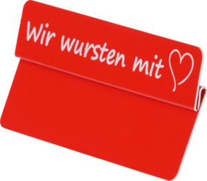 Aktionsreiter 86x18mm „Wir wursten mit Herz“ rot/weiss pro Packung 10 Stück – Bild 1