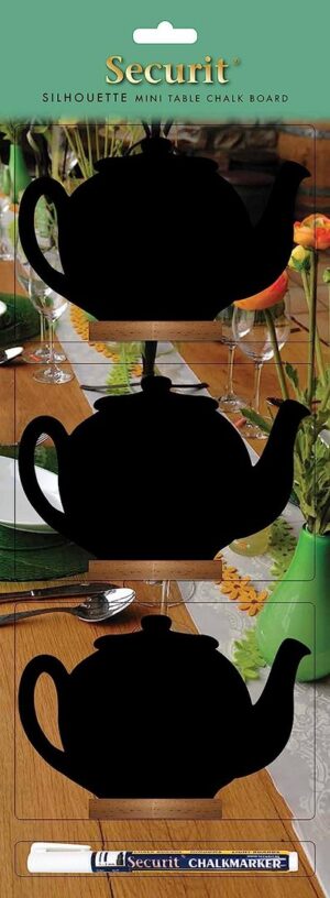 Tischkreidetafel 3er-Set, 13x10cm Mini “Teekanne”, Silhouette mit Holzfuss – Bild 2